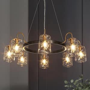 32.7 in. W Modern 8-Light Black and Brass Wagon Wheel Chandelier for Living Room with Mason Jar Textured Glass Shades