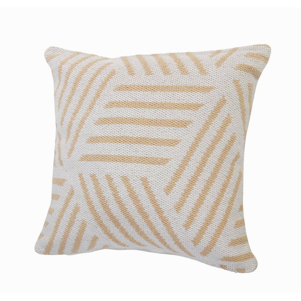Tan and White Geometric Striped Cotton Square Throw Pillow