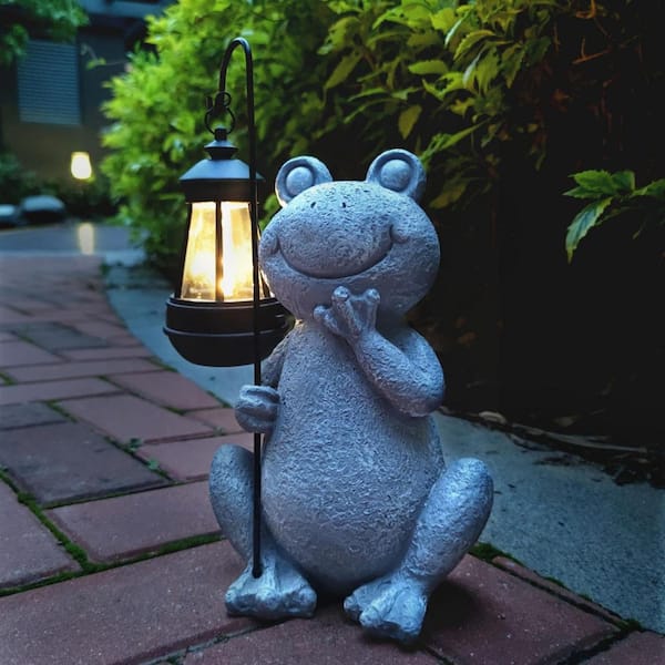 6 in. x 9 in. Gray Resin Frog Solar Garden Statue with Solar