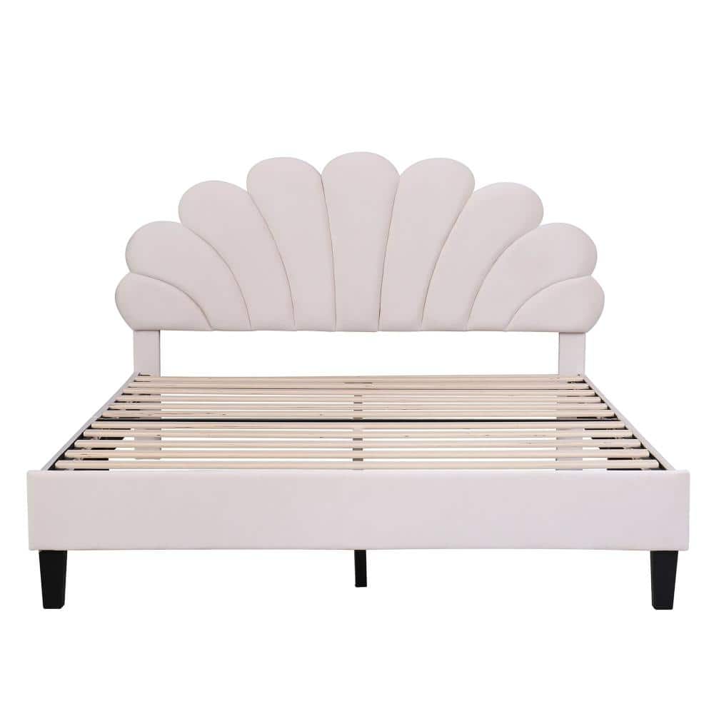 Beige Velvet Frame Queen Platform Bed with Flower Pattern Headboard and Wood Slat Support durable construction price history on PriceWatchPro