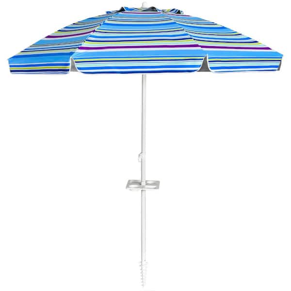 WELLFOR 7.2 ft. Steel Tilt Beach Umbrella with Sand Anchor in Blue