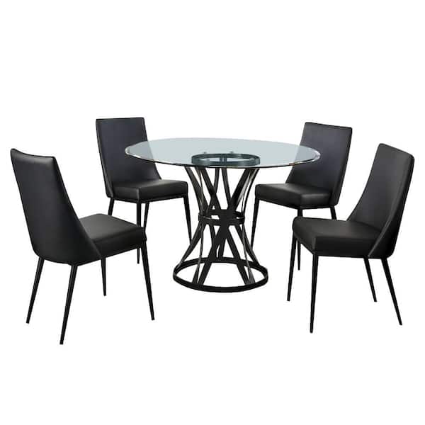 William's Home Furnishing Porrima 5-Pieces Round Glass Top Black Bar Table Set