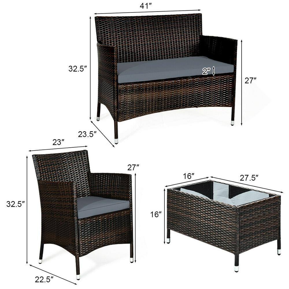 4-Piece Gray Rattan Wicker Patio Sofa Set with Cushions and Coffee Table