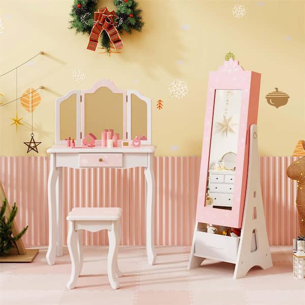 12.5 in. Width Kids Vanity Set Princess Makeup Dressing Table and Chair Set with Jewelry Armoire Pink
