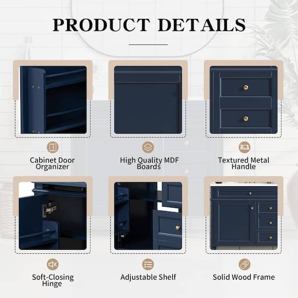 36 in. Bath Vanity Cabinet without Top in Blue with 2 Drawers and a Tip-out Drawer Unassembled