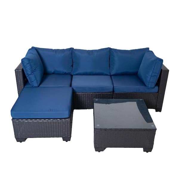 Unbranded 5-Piece Black Rattan Patio Sofa Set, Wicker Outdoor Sectional Set with Blue Cushions, Ottoman and Table