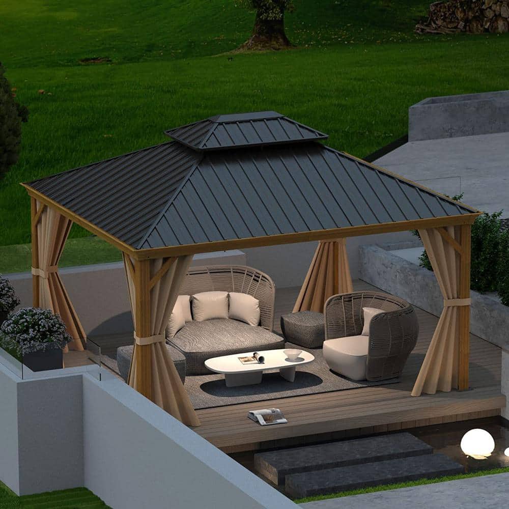 10x12 Brown Aluminum Hardtop Gazebo with Curtains and Netting