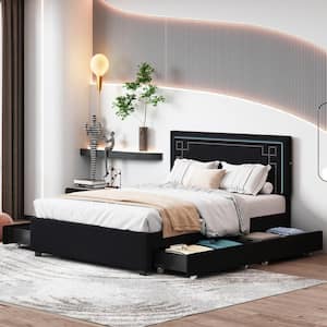 Black Wood Frame Queen Size Velvet Upholstered Platform Bed with 4-Drawer, LED Headboard with Nailhead Trim