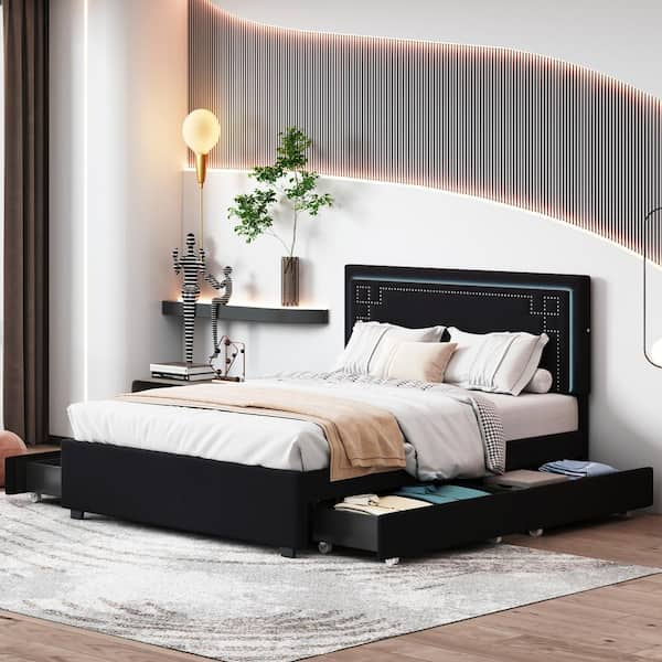 Harper & Bright Designs Black Wood Frame Queen Size Velvet Upholstered Platform Bed with 4-Drawer, LED Headboard with Nailhead Trim