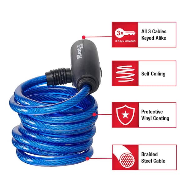 Cable Lock with Key, Assorted Colors, 3 Pack