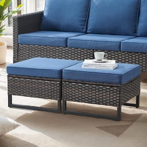 Brown Wicker Outdoor Ottoman with Metal Legs, Rattan Ottoman with Navy Blue Cushions for Patio Porch (2-Pack)