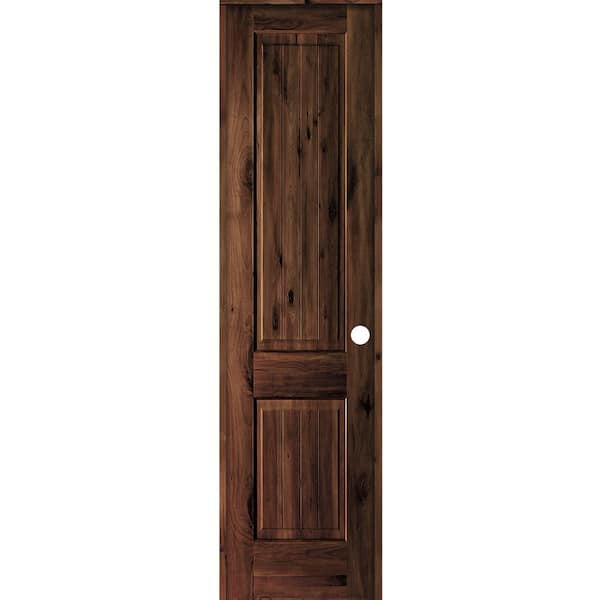 Krosswood Doors 24 in. x 96 in. Knotty Alder 2 Panel Left-Hand Square Top V-Groove Red Mahogany Stain Wood Single Prehung Interior Door