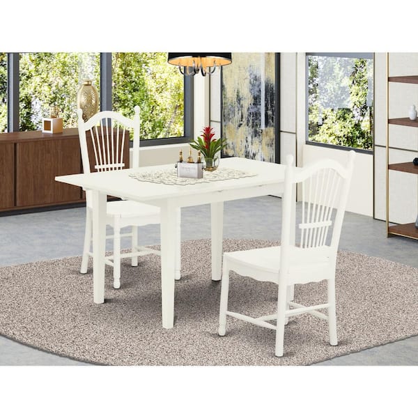 East West Furniture 3-Piece Linen White Finish Rectangular Solid Wood Top With Butterfly Leaf Dining Table Set