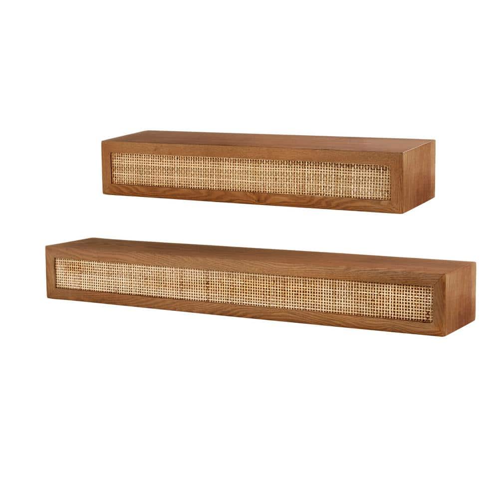 Natural Wood Floating Wall Shelves with Rattan Caning Detail