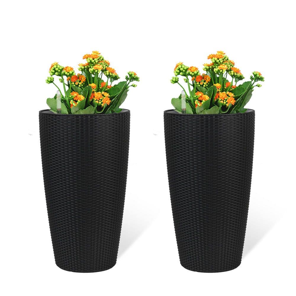 Set of 2 Large 22.44 in. H Black Faux Rattan Planters with Self-Watering System, Inner Pot & Water Gauge price history on PriceWatchPro