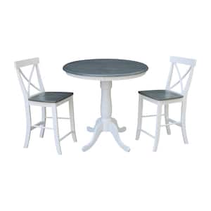 Hampton 3-Piece 36 in. White/Heather Gray Round Solid Wood Counter Height Dining Set with X-Back Stools