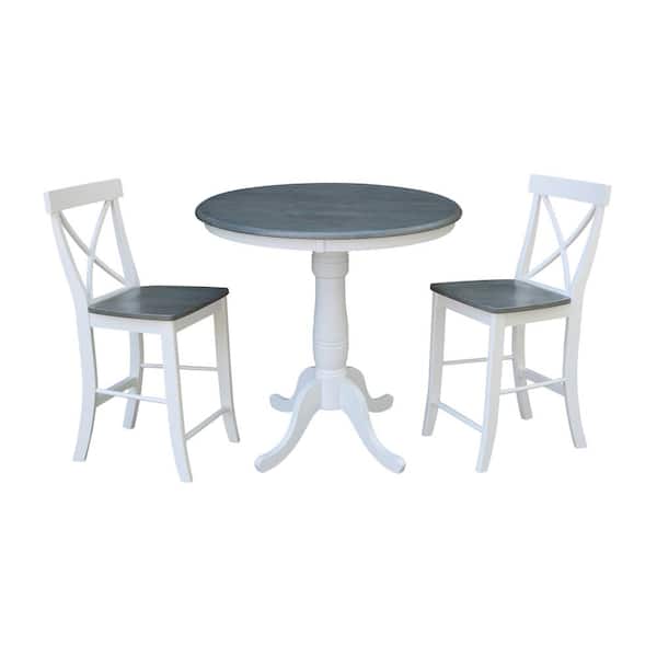 International Concepts Hampton 3-Piece 36 in. White/Heather Gray Round Solid Wood Counter Height Dining Set with X-Back Stools