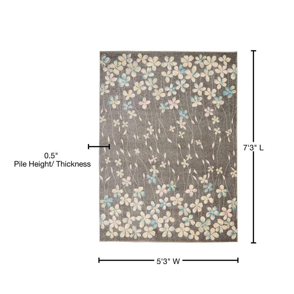 Elysian Blooms Easy-Care Grey/Beige Floral Area Rug 5' x 7'