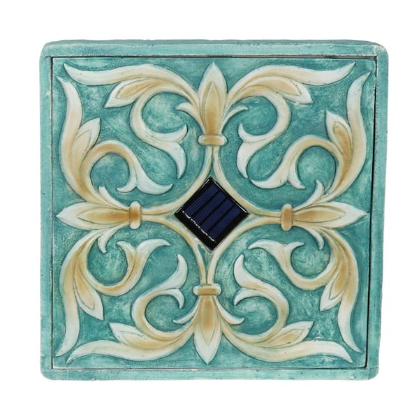 Exhart Solar Mediterranean 10.24 in. x 10.24 in. x 1.18 in. Blue Flower Resin Step Stone