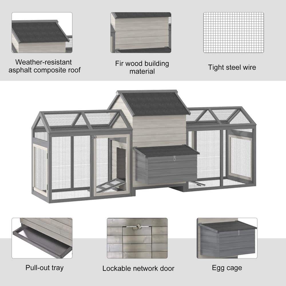 Gray and White Wooden Chicken Coop with Double Run and Nesting Box
