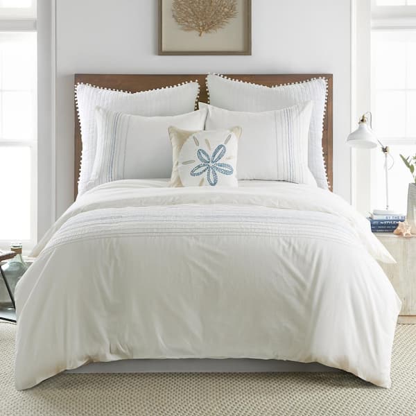 LEVTEX HOME Terrington 3-Piece White, Blue, Grey Embrioidered Stripe Cotton King/Cal King Comforter Set