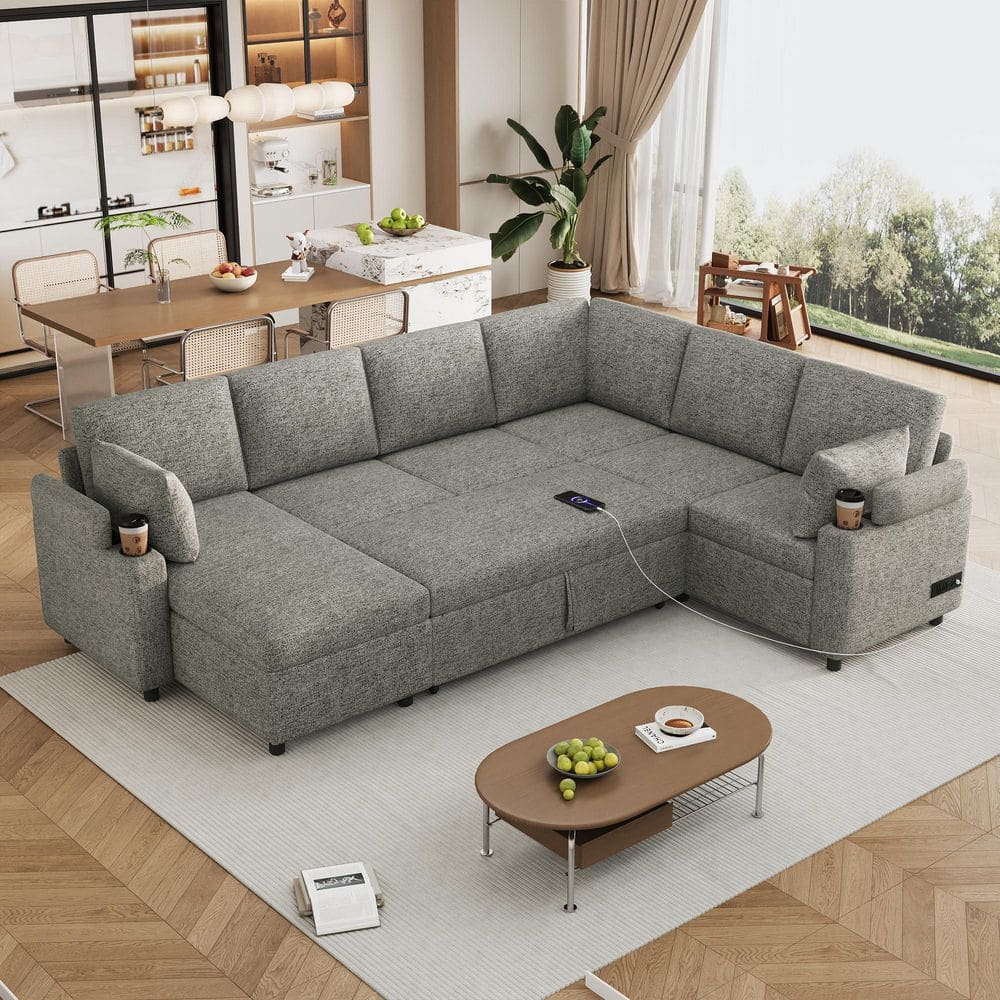 110 in. U-Shaped Chenille 5-Seat Sectional Sofa in Light Grey with Storage 