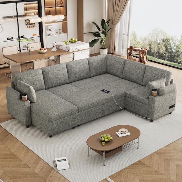 110 in. Light Grey U-Shaped Chenille 5-Seat Sectional Sofa Bed with Storage Chaise, Cup Holders and Charging Ports