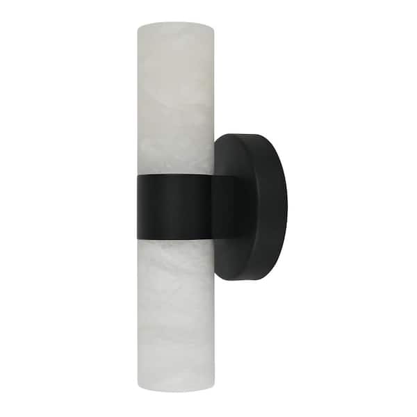 Beacon Lighting Luella 5 in. 2-Light Black Wall Sconce with Spanish Alabaster Shades