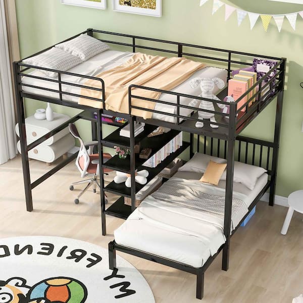 Polibi Black Full Over Twin Metal Bunk Bed with Built-in Desk, Shelves and Ladder