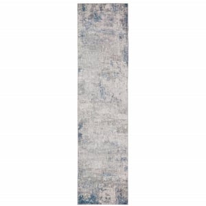 2' X 8' Grey And Blue Abstract Power Loom Stain Resistant Runner Rug