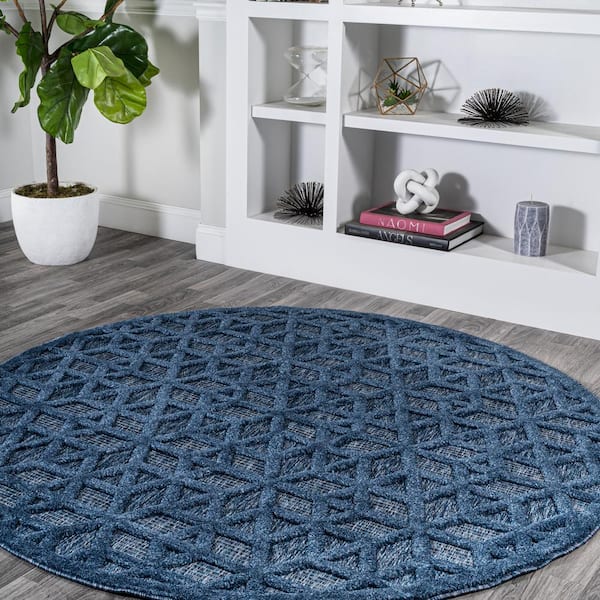 Talaia Neutral Geometric Navy 5 ft. Round Indoor/Outdoor Area Rug