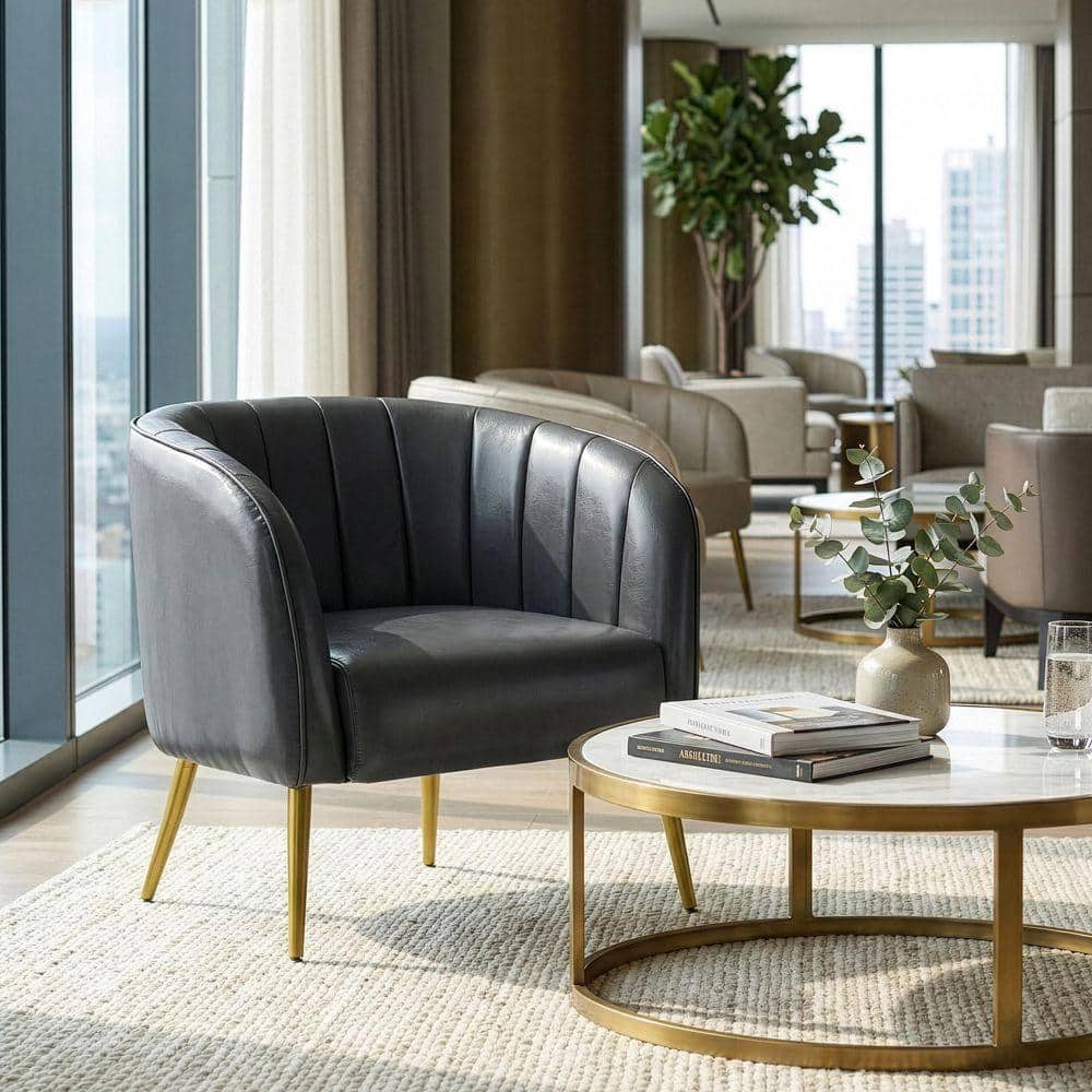 アメリカ輸入　ゴールド×ファー　チェア Glamour Home Avia Grey Faux Leather Accent Chair with Decorative