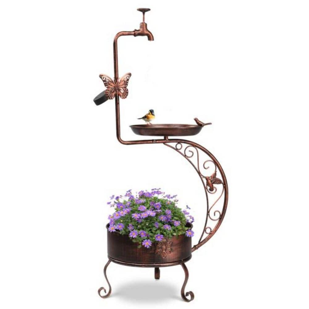 36 in. Garden Metal Bird Baths for Outdoors with Solar Lamp and Flower Planter Pedestal Standing Bird Feeder, Bronze price history on PriceWatchPro