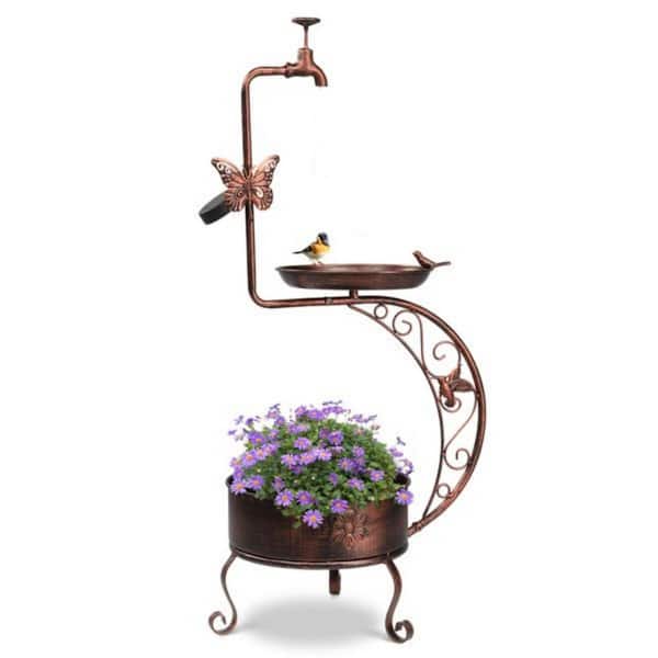 36 in. Garden Metal Bird Baths for Outdoors with Solar Lamp and Flower Planter Pedestal Standing Bird Feeder, Bronze