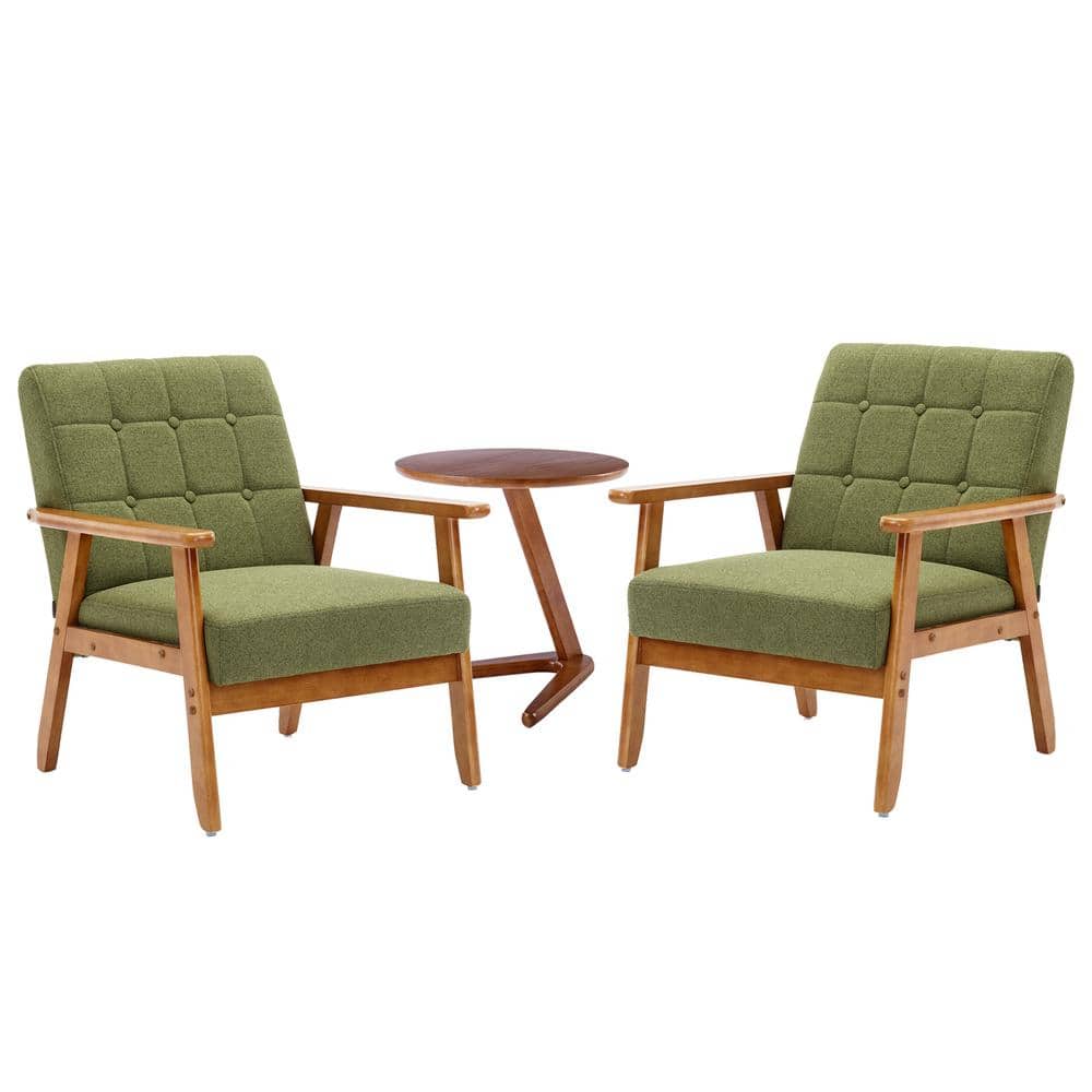 Modern Green 3Pieces Upholstered Accent Chairs Set of 2 with Round Side Table Wood and Fabric