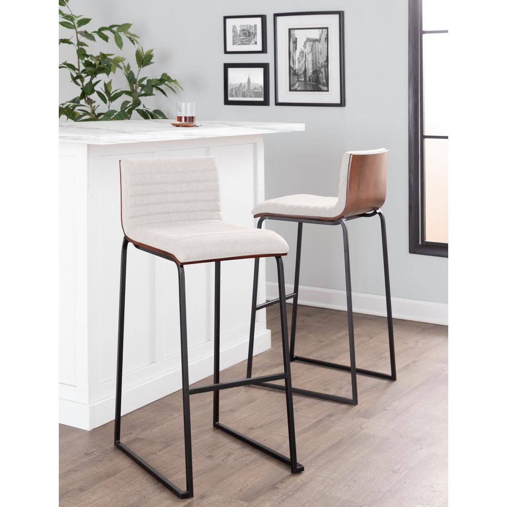 Cream Fabric and Black Metal Barstool Set with Wood Back, 30 inch