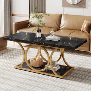 Allan 47.2 in. Black Gold Rectangle Wood Coffee Table, 2-Tier Faux Marble Coffee Table with Geometric Metal Legs