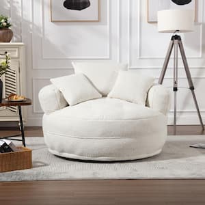 Modern White Chenille Swivel Upholstered Barrel Living Room Chair With Cushion and Pillows