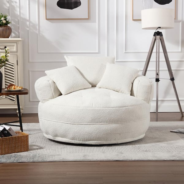 HOMEFUN Modern White Chenille Swivel Upholstered Barrel Living Room Chair With Cushion and Pillows