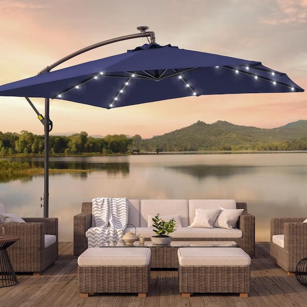 8.2 ft. Solar LED Steel Pole and Ribs Square Outdoor Cantilever Offset Hanging Patio Umbrellas in Navy Blue