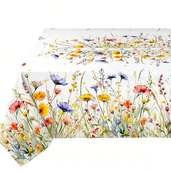 52 in. W x 70 in. L White Blooming Flower Floral Polyester Tablecloth for Dinner Decor