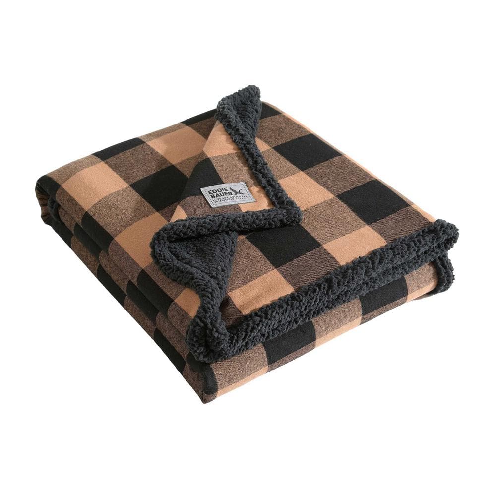  Cabin Plaid Camel Beige/Black 50 in. x 60 in. Flannel Throw Blanket