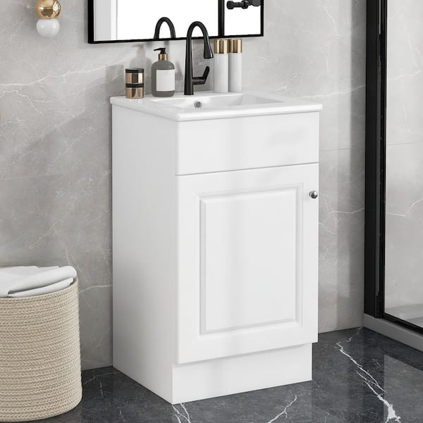 18 in. Freestanding White Bath Vanity with White Ceramic Top Unassembled