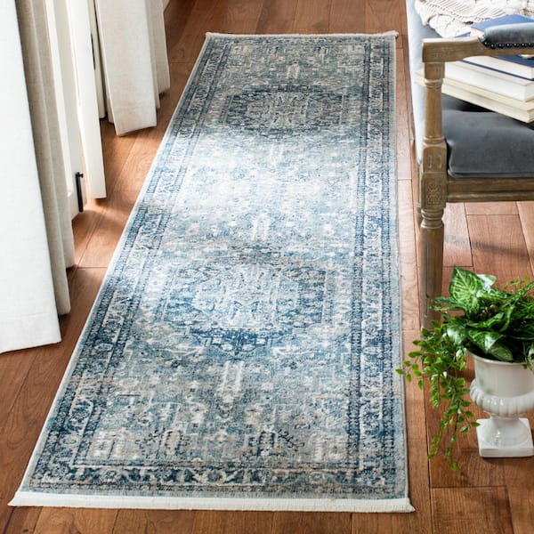 Victoria 2 ft. x 12 ft. Blue/Gray Border Runner Rug
