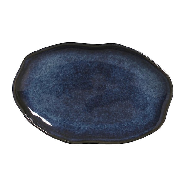 11.81 in. Denim Dark Blue Stoneware Shallow Oval Platter Medium (Set of 4)