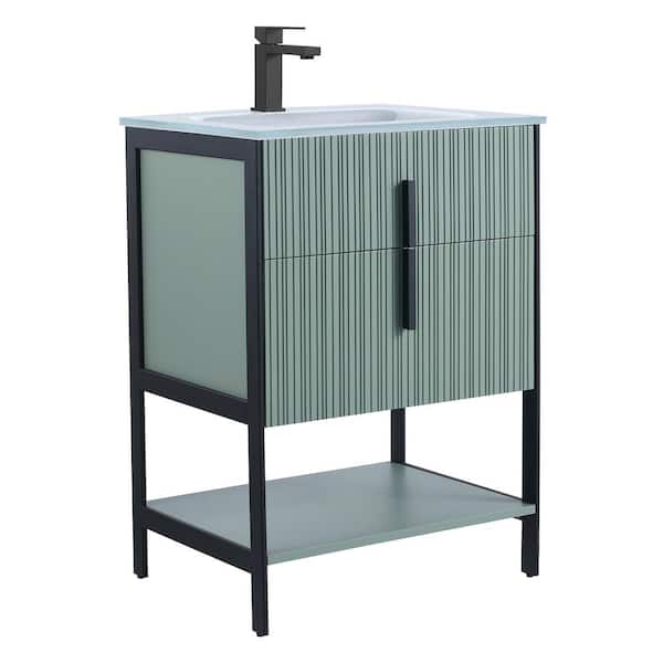 FINE FIXTURES 24 in. W x 18 in. D x 33.5 in. H Mint Green Bath Vanity with White Glass Single Hole Top Sink with Black Hardware