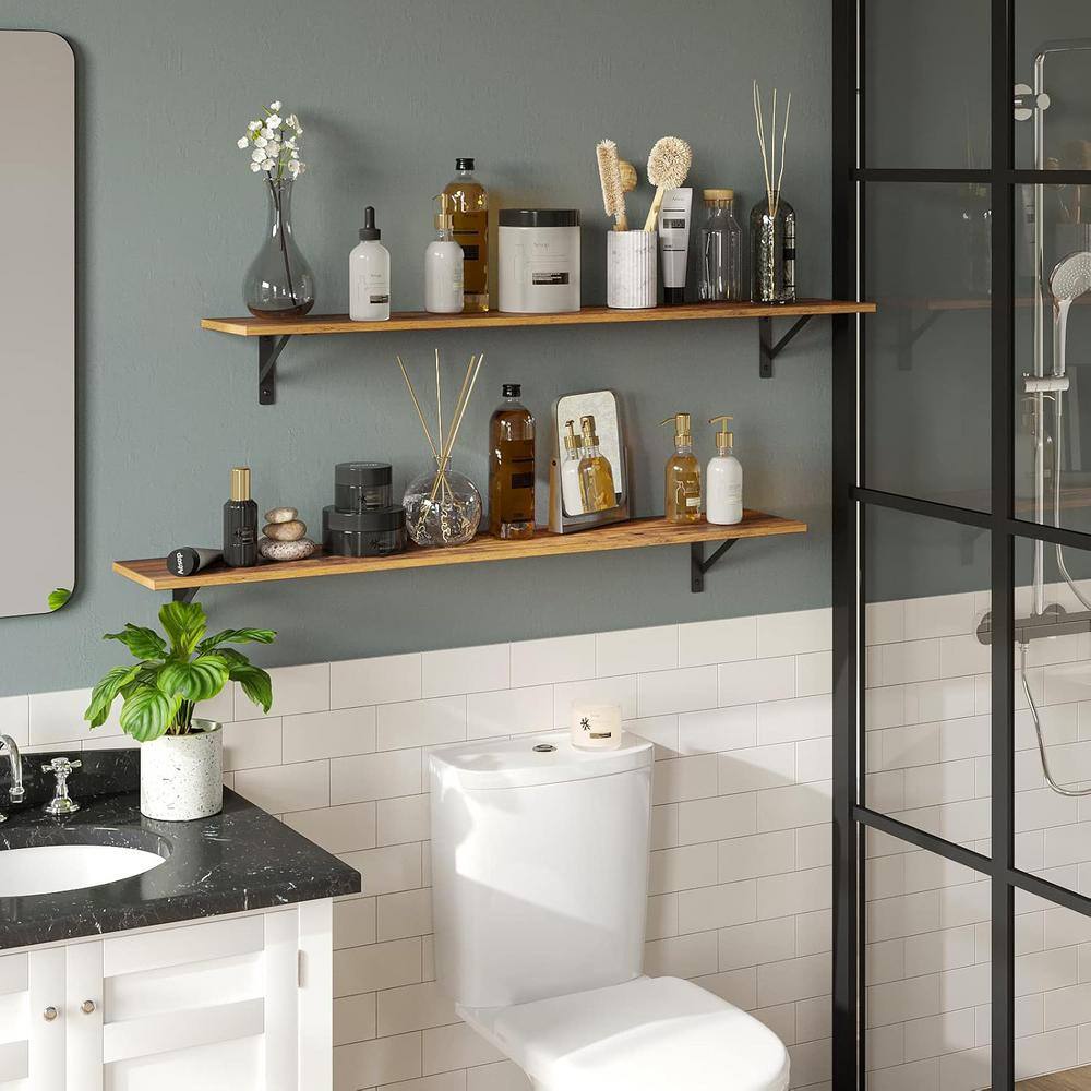 Rustic Brown 55" Wood Floating Shelves with Metal Brackets