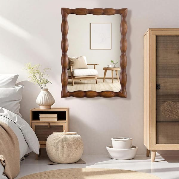 24 in. W x 36 in. H Rustic Wave-Edged Rectangular Brown Wooden Framed Wall Mirror