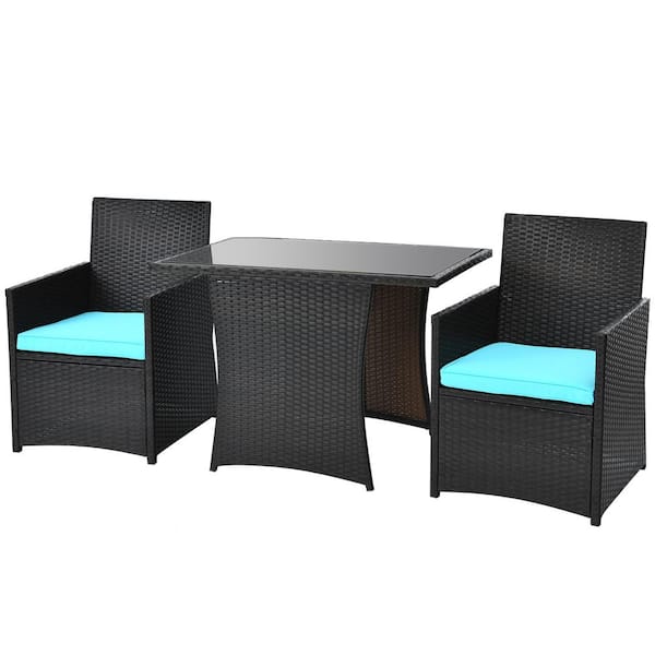 Gymax 3-Piece Patio Wicker Outdoor Bistro Set PE Rattan Dining Table Set with Turquoise Cushions