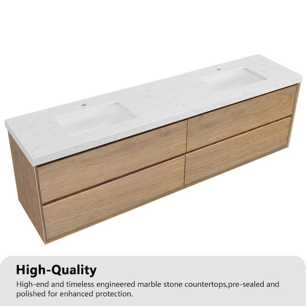 Solenne 84 in. Double Sink Floating Bath Vanity in Natural Oak with White Carrara Engineered Stone Top